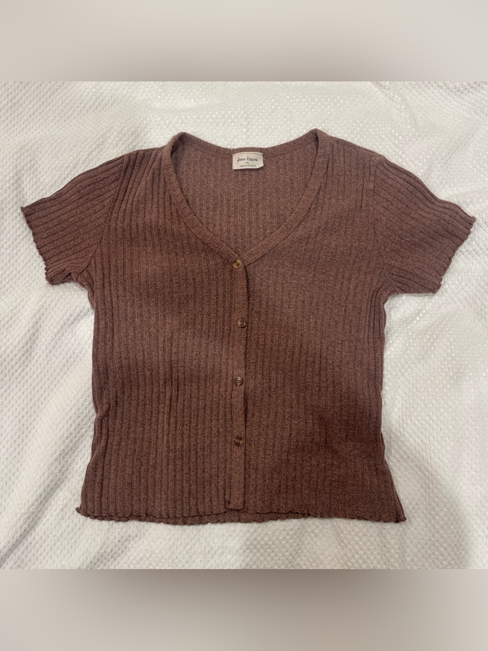 Free Kisses Brown Ribbed Button Front Knit Short Sleeve Top XL